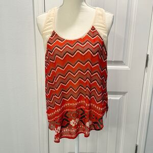 Eyelash Couture Razorback Top Zigzag Print Orange Blouse Size Medium Sleeveless
